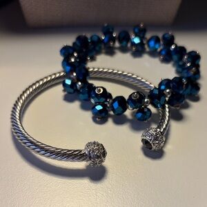 Elegant Blue Glass Crystal
 and Silver Bracelet Set